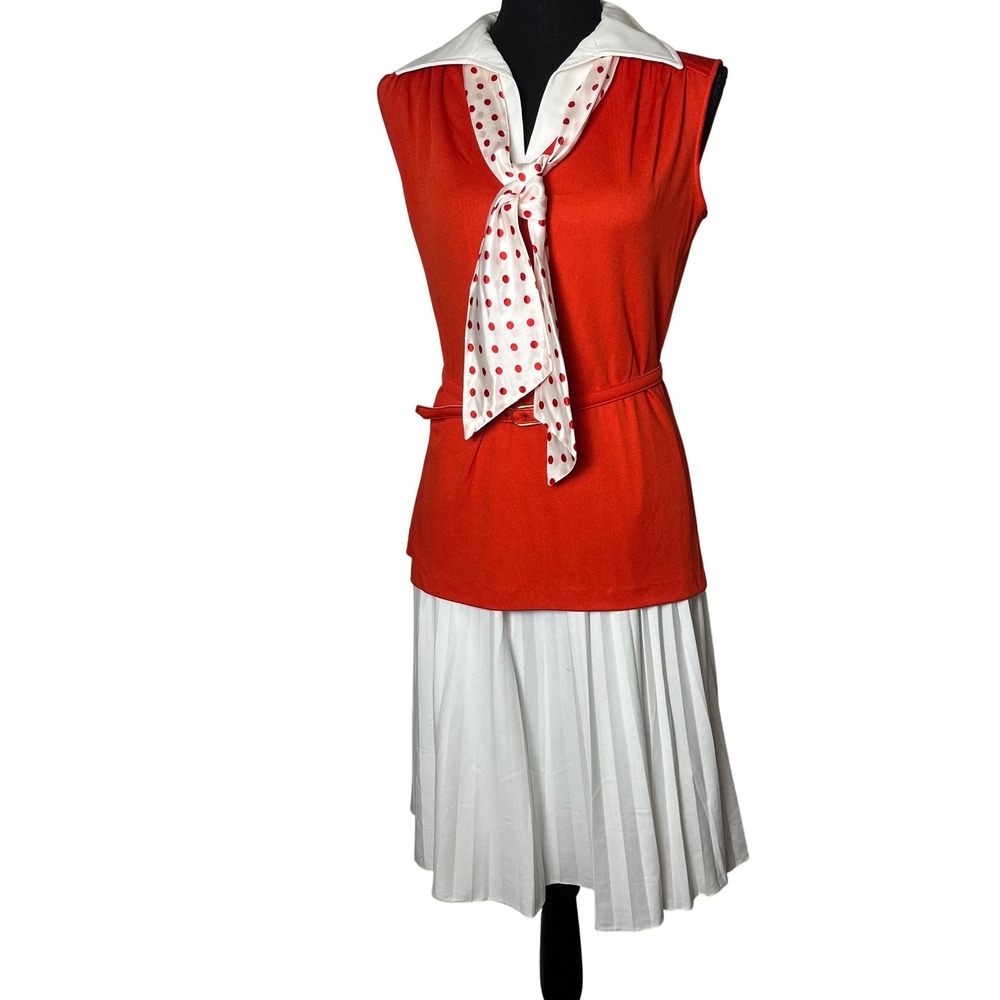 Vintage R&K Originals 70s Red White Two Piece Pleated Skirt Tunic Set Sz 12 Mod